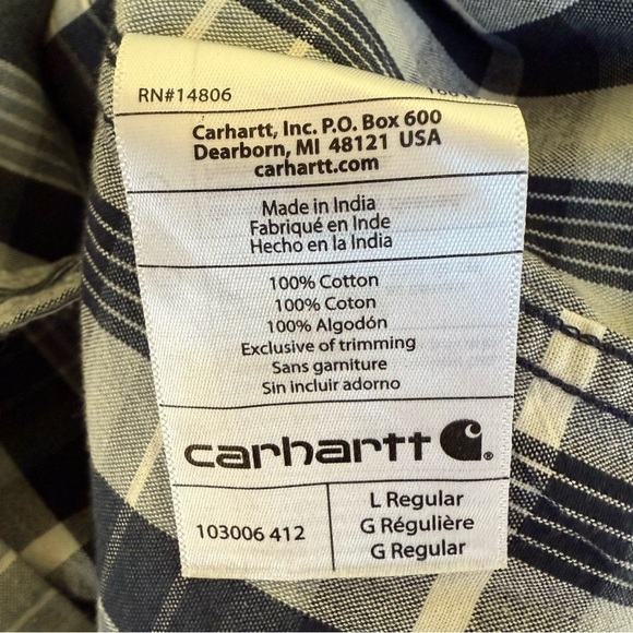Carhartt Men's Large Relaxed Fit Blue White Plaid Short Sleeve Button Down Shirt - Picture 5 of 7